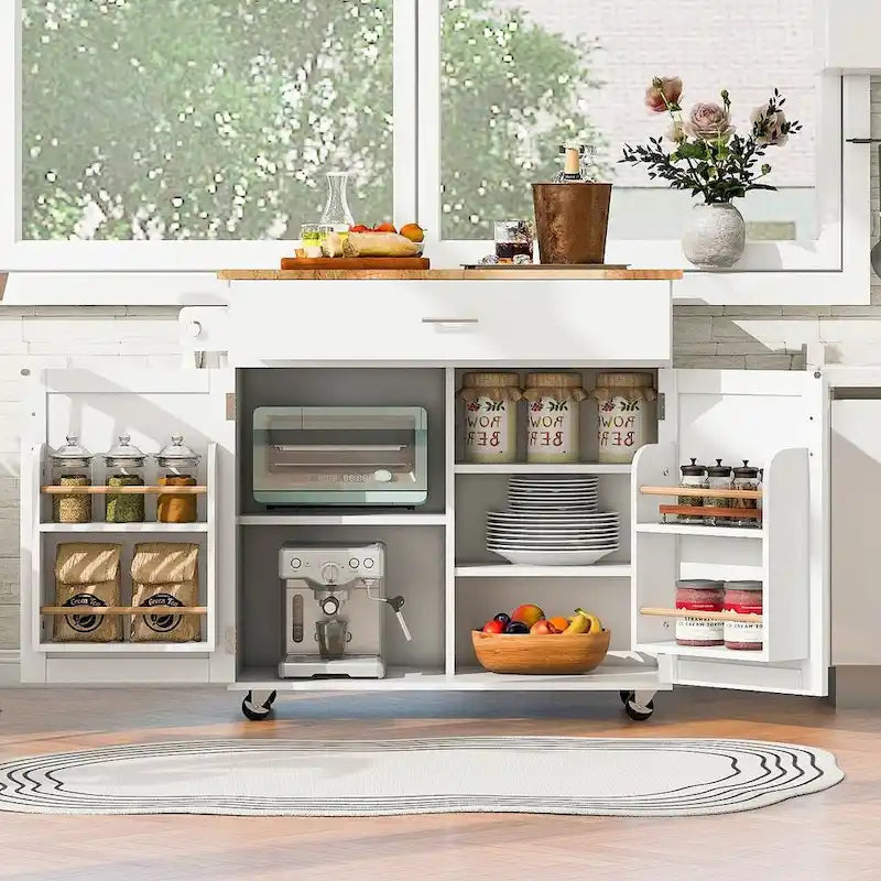 39.00 W Modern Rubberwood Top Kitchen Cart with Storage and Towel Racks