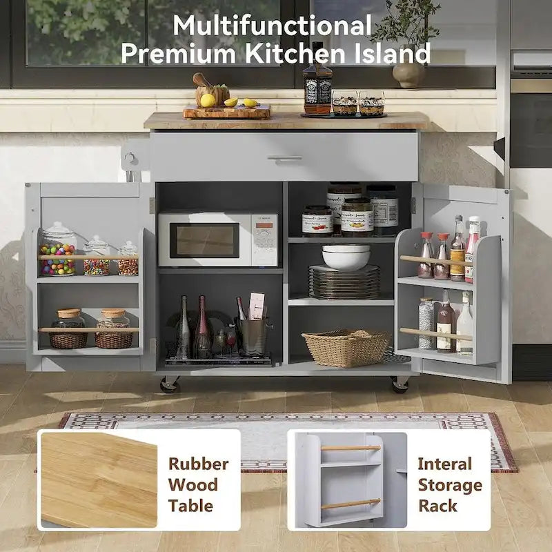 39.00 W Modern Rubberwood Top Kitchen Cart with Storage and Towel Racks