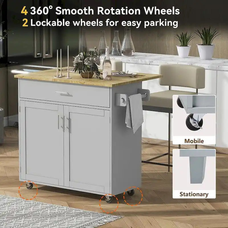 39.00 W Modern Rubberwood Top Kitchen Cart with Storage and Towel Racks