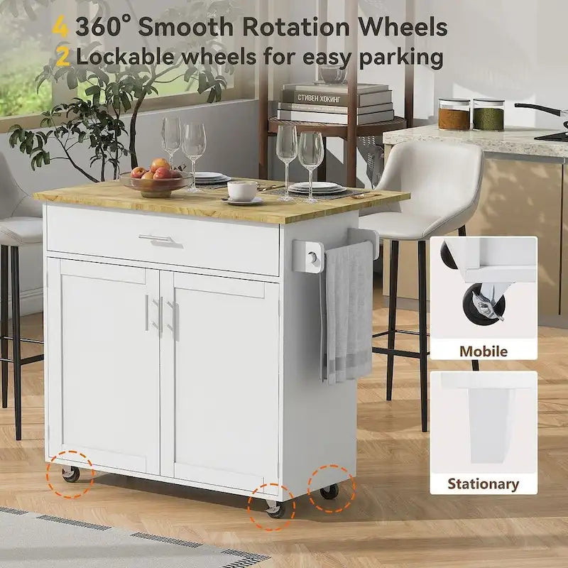 39.00 W Modern Rubberwood Top Kitchen Cart with Storage and Towel Racks