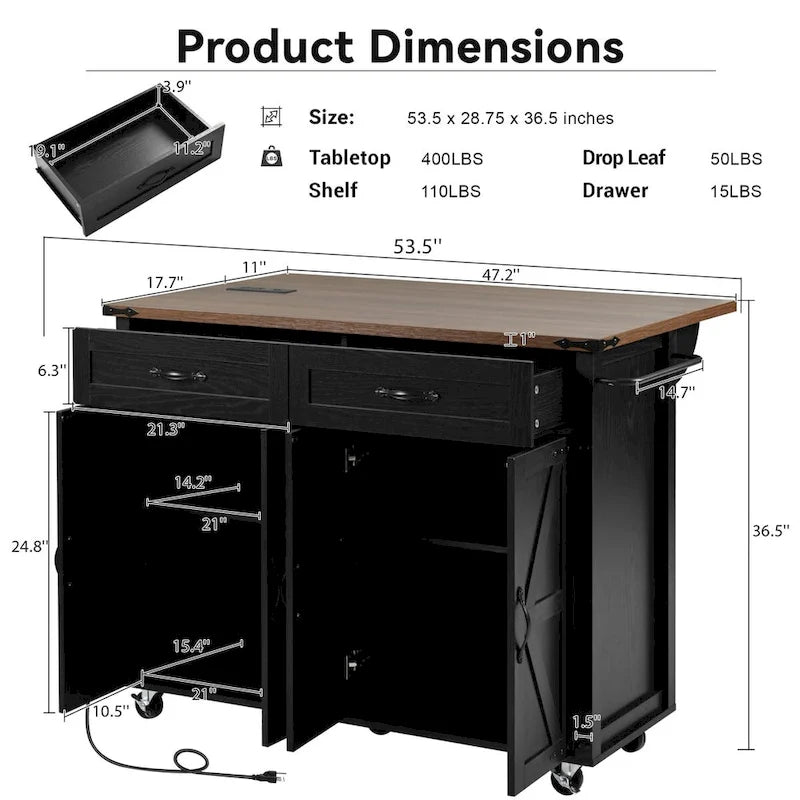 53.5 Farmhouse Kitchen Island Cart with Power Outlet, Drop Leaf, Spice Rack, and 2 Drawers, 5 Wheels