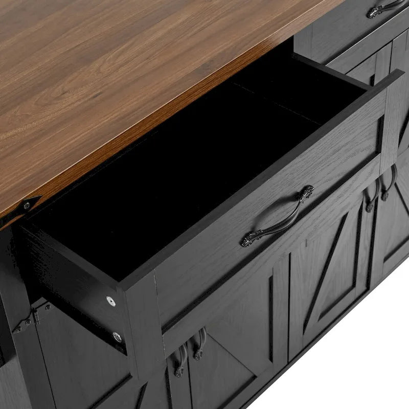 53.5 Farmhouse Kitchen Island Cart with Power Outlet, Drop Leaf, Spice Rack, and 2 Drawers, 5 Wheels