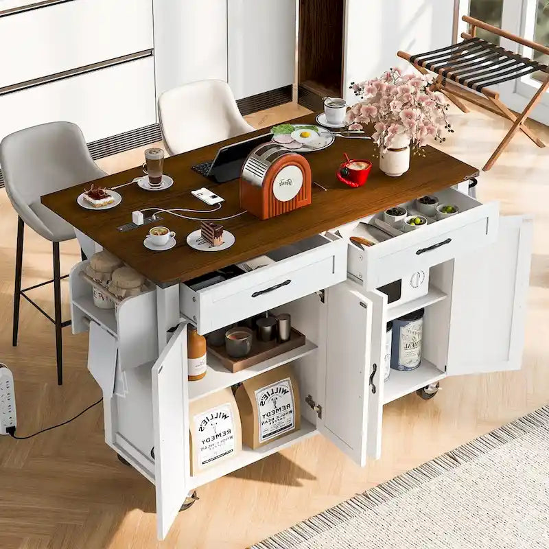 53.5 Farmhouse Kitchen Island Cart with Power Outlet, Drop Leaf, Spice Rack, and 2 Drawers, 5 Wheels
