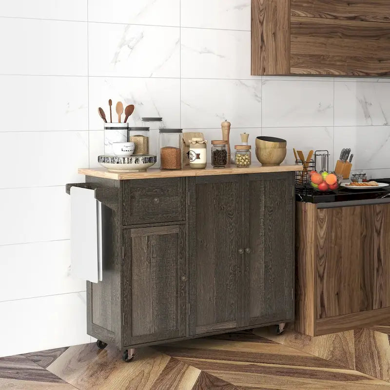 Triple-Cabinet Rolling Kitchen Island with Storage Shelf Adjustment