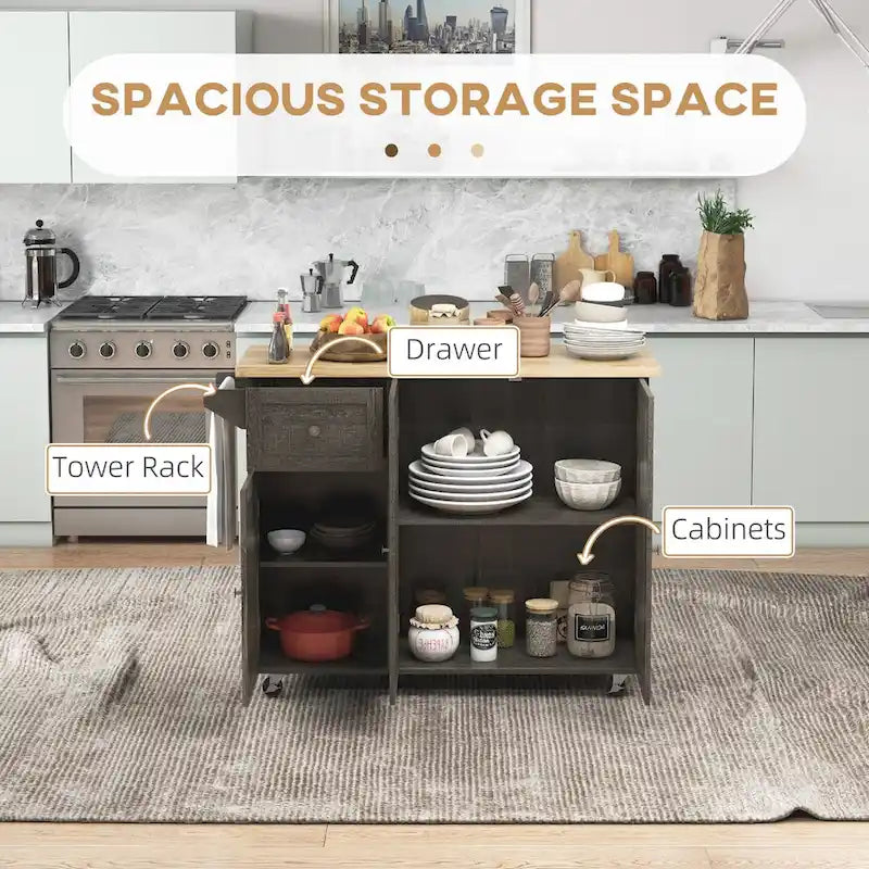 Triple-Cabinet Rolling Kitchen Island with Storage Shelf Adjustment
