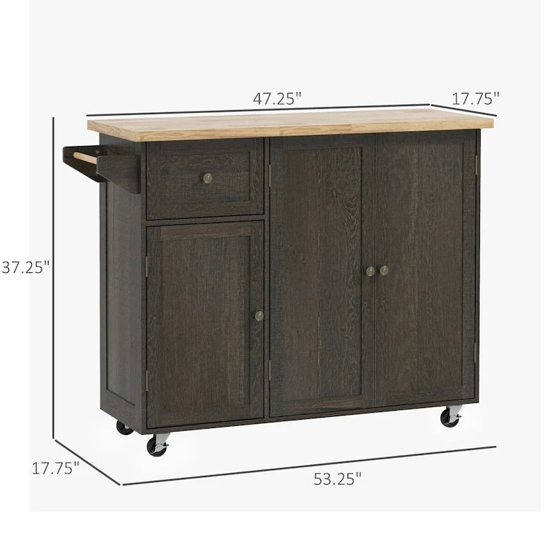 Triple-Cabinet Rolling Kitchen Island with Storage Shelf Adjustment