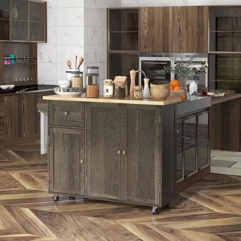 Triple-Cabinet Rolling Kitchen Island with Storage Shelf Adjustment