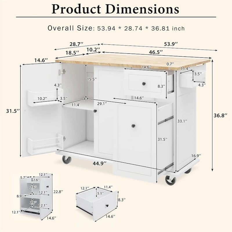 Rolling Kitchen Cart with Internal Storage Rack and Pull Out Cabinet - N/A