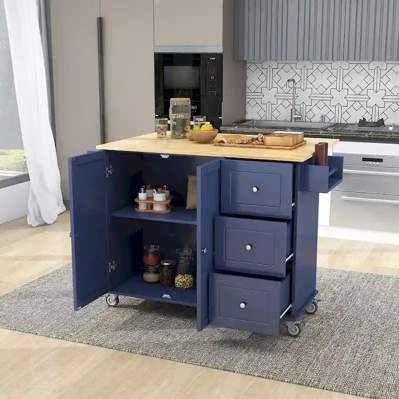 52.7 W Folding Multifunctional Lockable Wheel Kitchen Cart with 2 Doors and 3 Drawers
