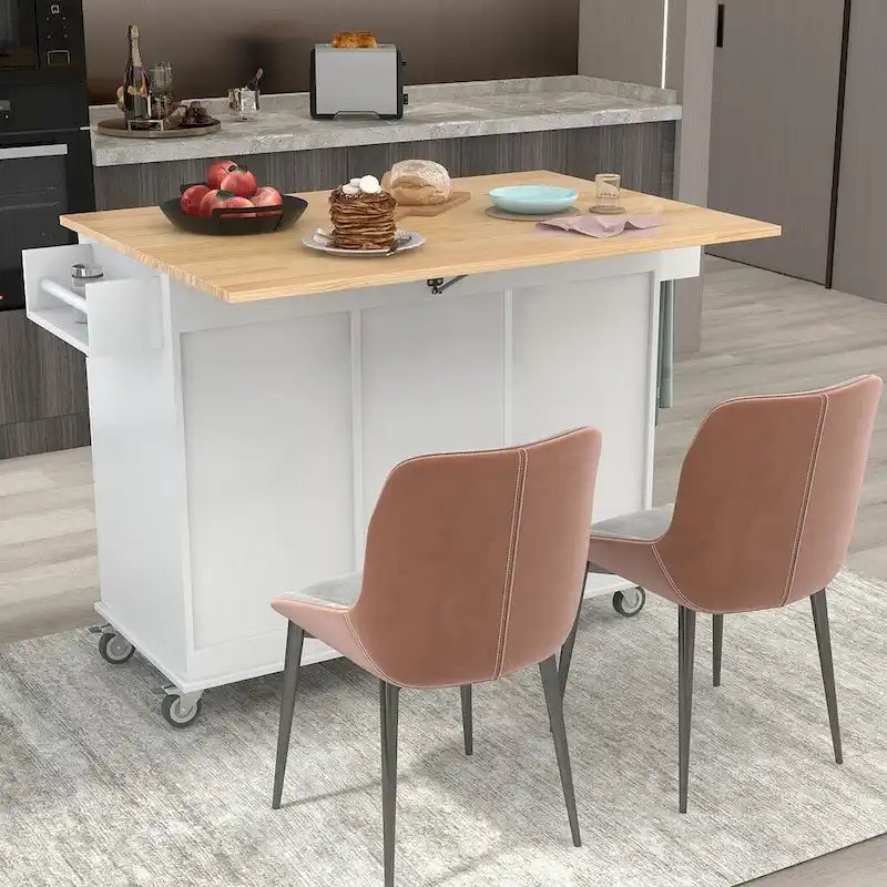52.7 W Folding Multifunctional Lockable Wheel Kitchen Cart with 2 Doors and 3 Drawers