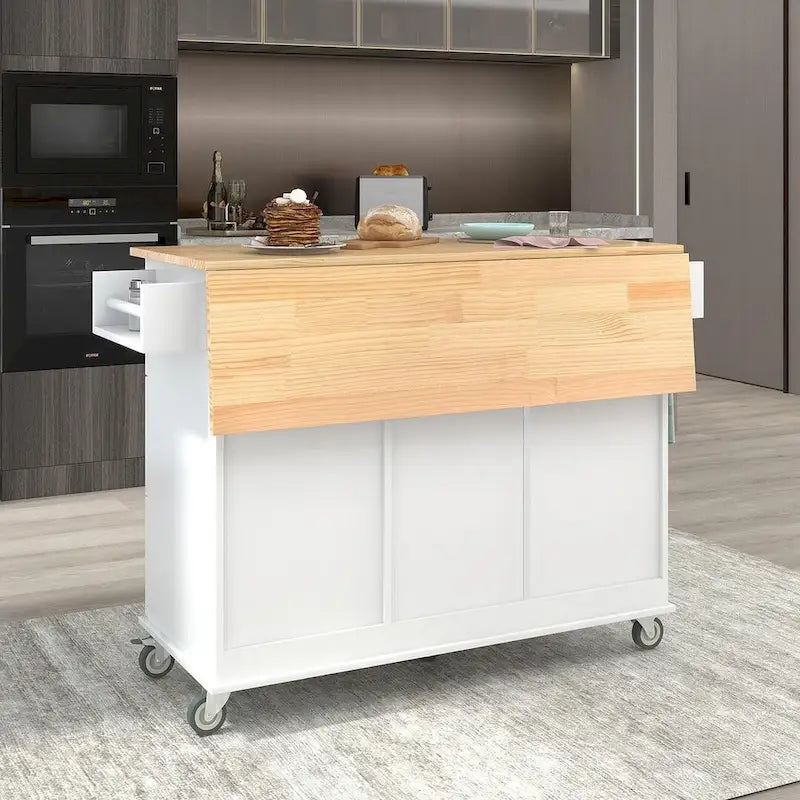 52.7 W Folding Multifunctional Lockable Wheel Kitchen Cart with 2 Doors and 3 Drawers