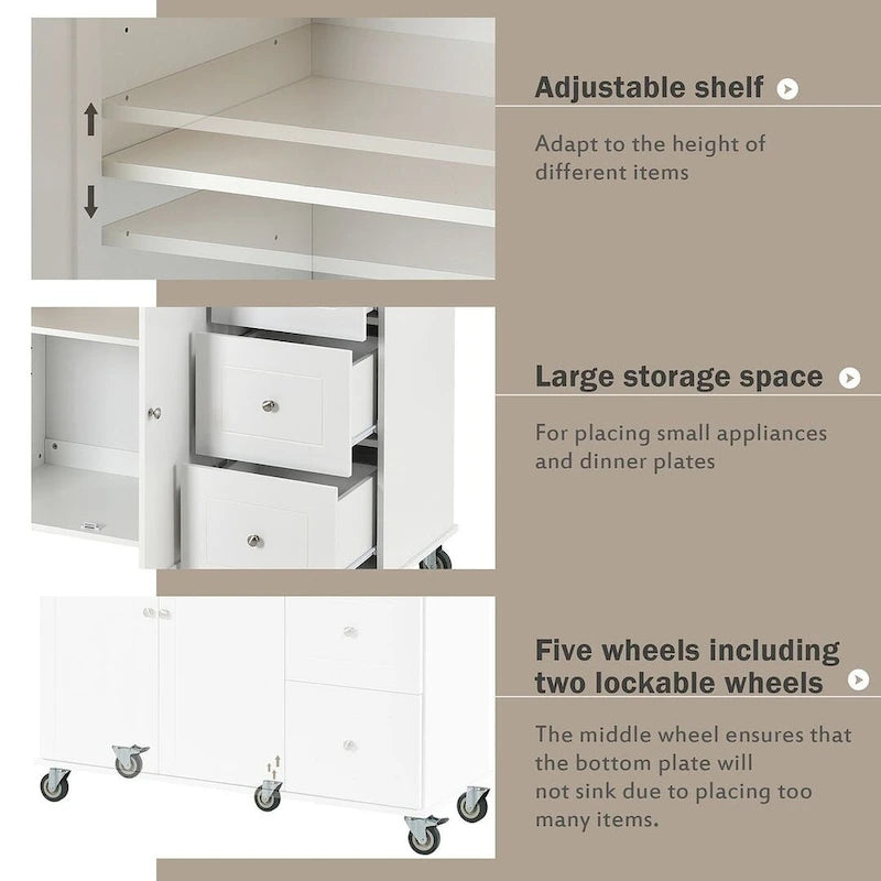 52.7 W Folding Multifunctional Lockable Wheel Kitchen Cart with 2 Doors and 3 Drawers