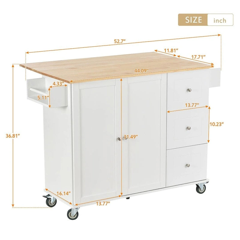 52.7 W Folding Multifunctional Lockable Wheel Kitchen Cart with 2 Doors and 3 Drawers