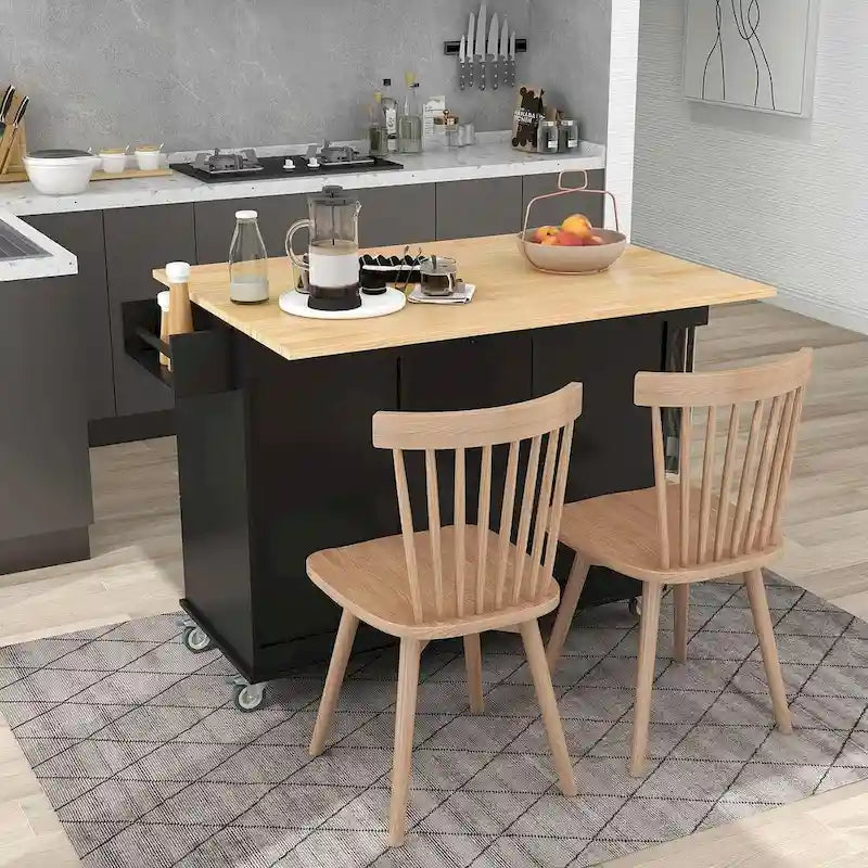 52.7 W Folding Multifunctional Lockable Wheel Kitchen Cart with 2 Doors and 3 Drawers