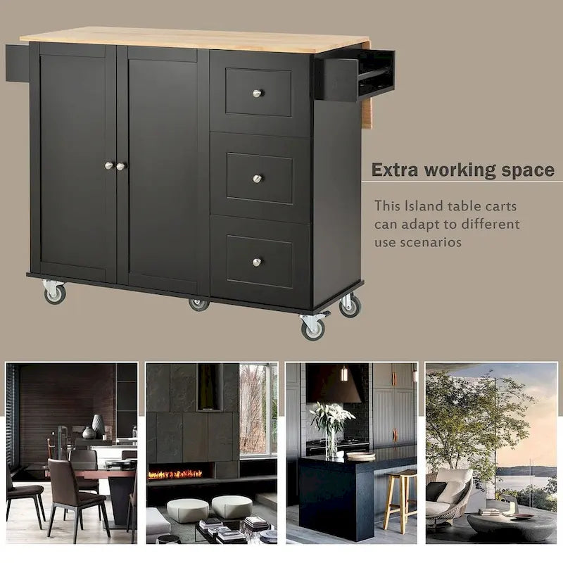 52.7 W Folding Multifunctional Lockable Wheel Kitchen Cart with 2 Doors and 3 Drawers