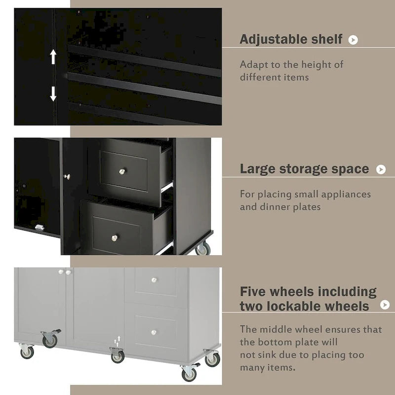 52.7 W Folding Multifunctional Lockable Wheel Kitchen Cart with 2 Doors and 3 Drawers