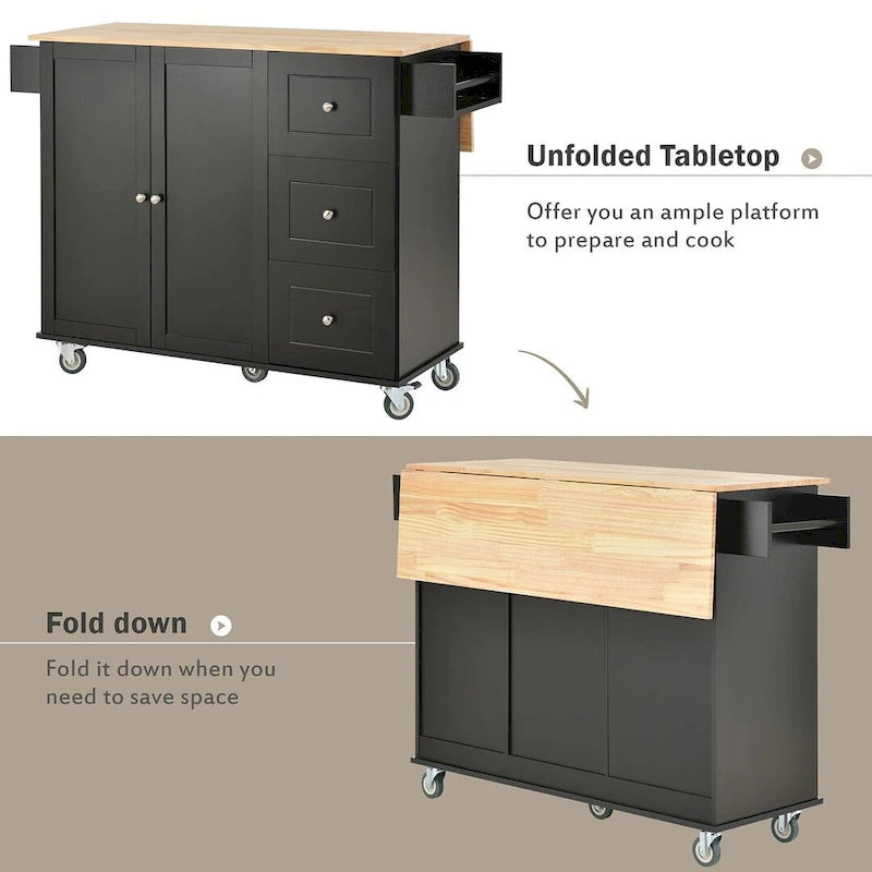 52.7 W Folding Multifunctional Lockable Wheel Kitchen Cart with 2 Doors and 3 Drawers
