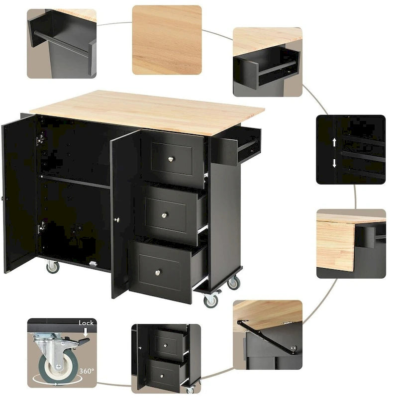 52.7 W Folding Multifunctional Lockable Wheel Kitchen Cart with 2 Doors and 3 Drawers