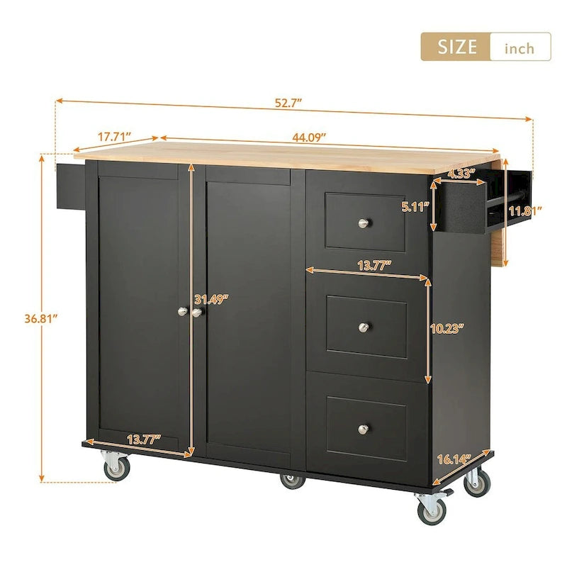 52.7 W Folding Multifunctional Lockable Wheel Kitchen Cart with 2 Doors and 3 Drawers