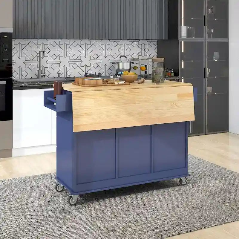52.7 W Folding Multifunctional Lockable Wheel Kitchen Cart with 2 Doors and 3 Drawers
