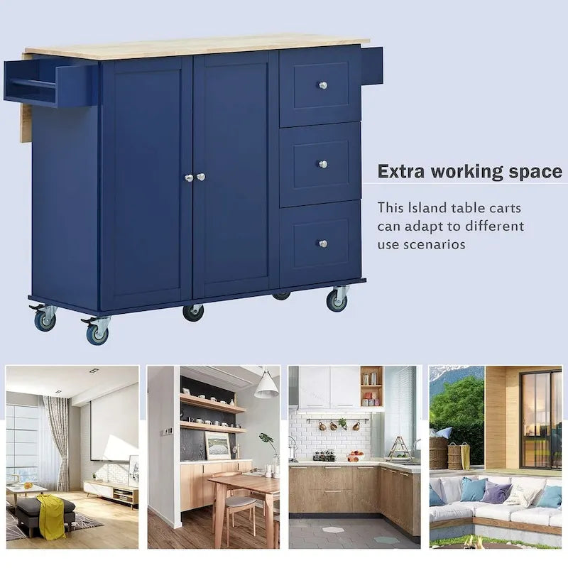 52.7 W Folding Multifunctional Lockable Wheel Kitchen Cart with 2 Doors and 3 Drawers