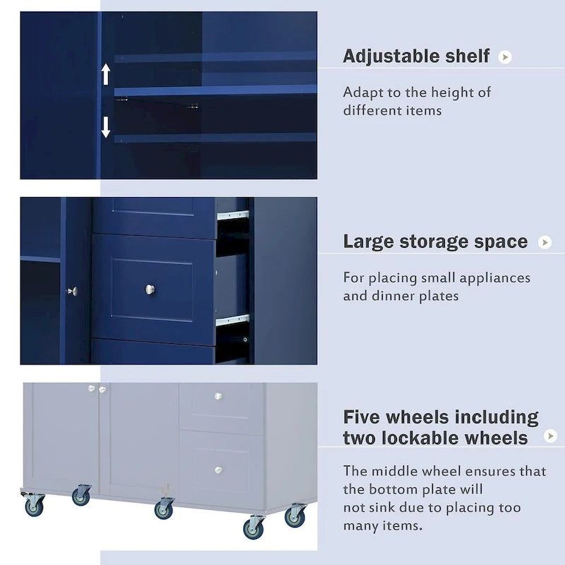 52.7 W Folding Multifunctional Lockable Wheel Kitchen Cart with 2 Doors and 3 Drawers