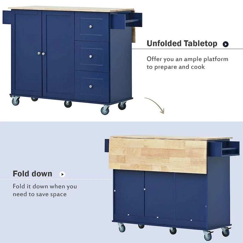 52.7 W Folding Multifunctional Lockable Wheel Kitchen Cart with 2 Doors and 3 Drawers