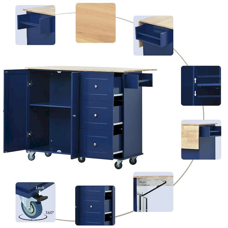 52.7 W Folding Multifunctional Lockable Wheel Kitchen Cart with 2 Doors and 3 Drawers