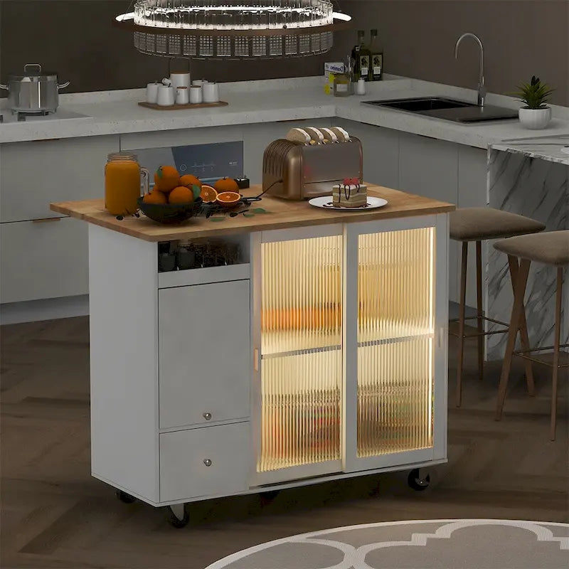 Kitchen Island Cart w/Drop Leaf, LED Light & Changeable Wheels or Feet