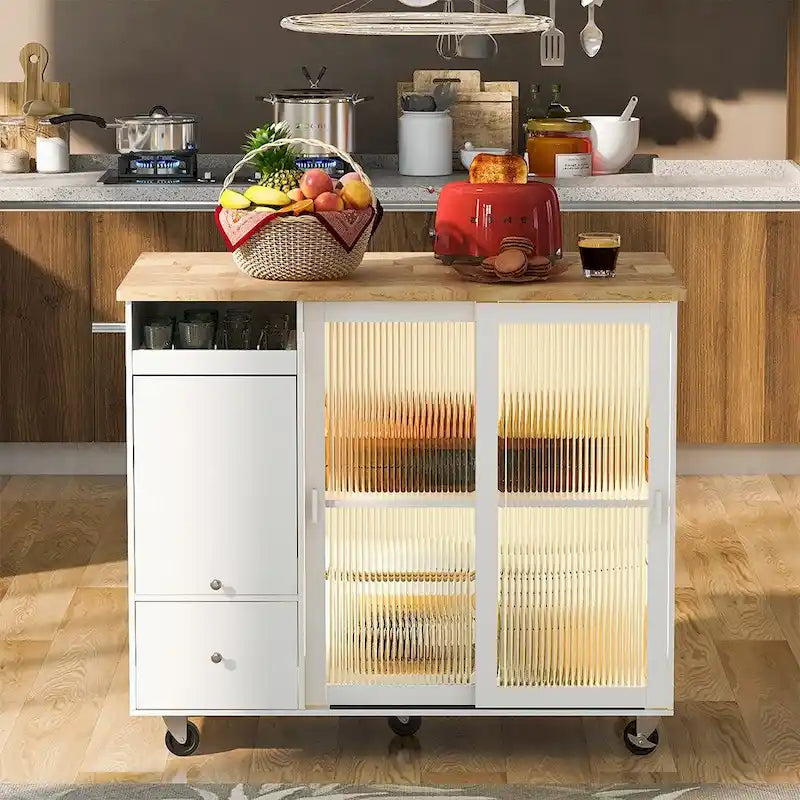 Kitchen Island Cart w/Drop Leaf, LED Light & Changeable Wheels or Feet