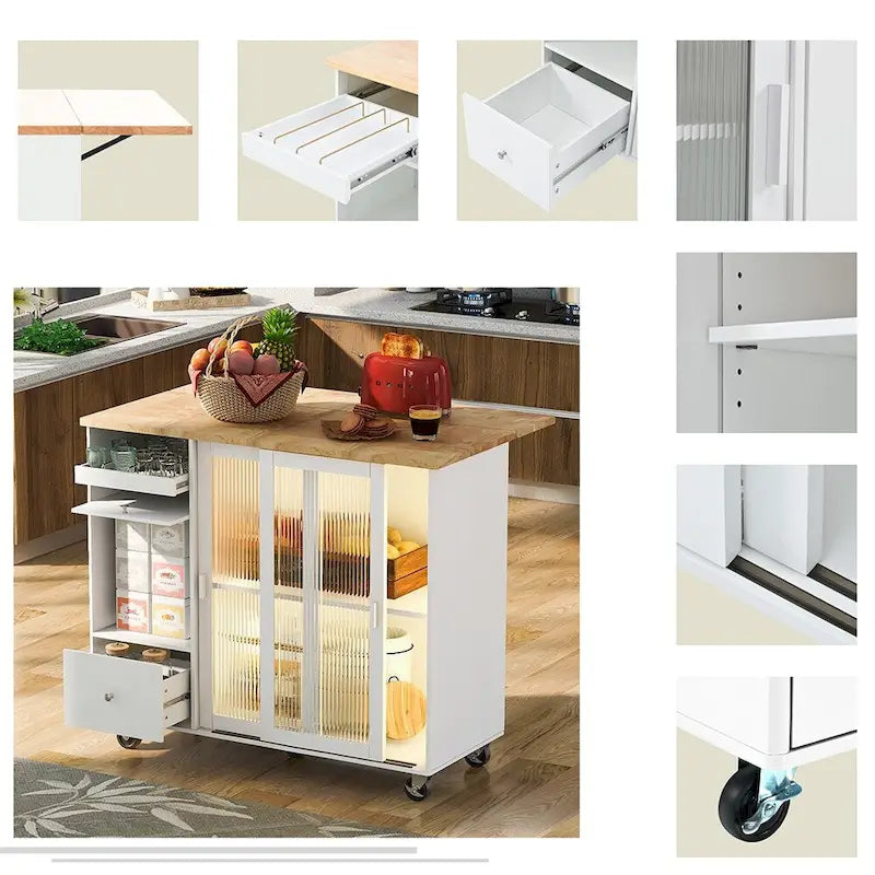 Kitchen Island Cart w/Drop Leaf, LED Light & Changeable Wheels or Feet