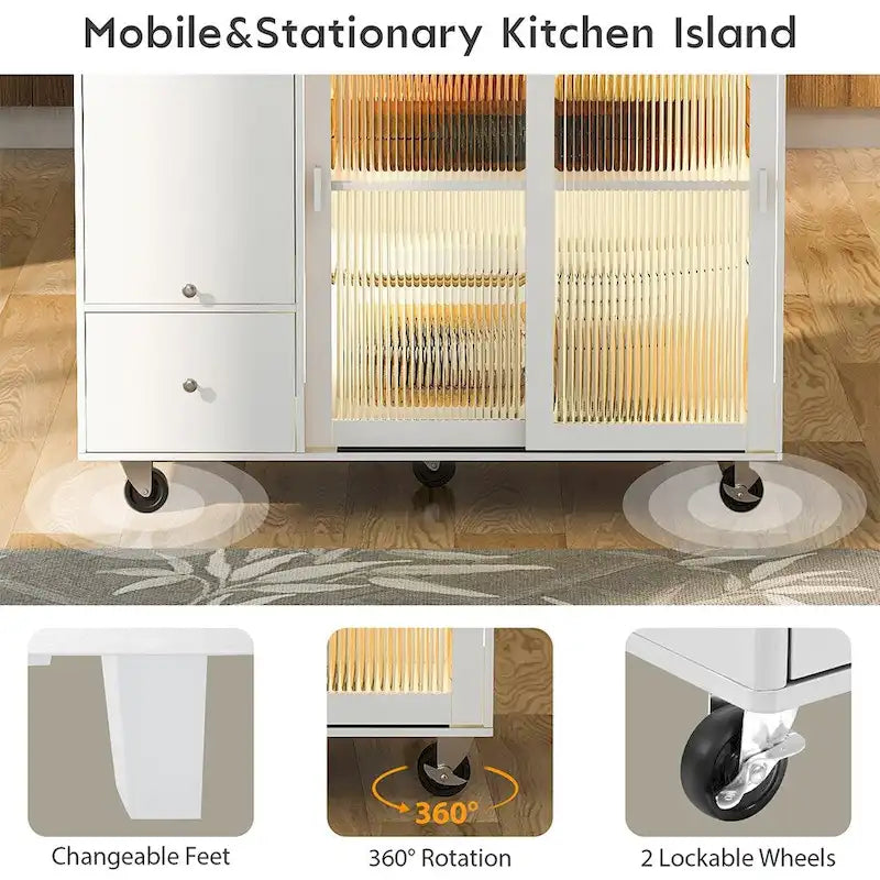 Kitchen Island Cart w/Drop Leaf, LED Light & Changeable Wheels or Feet