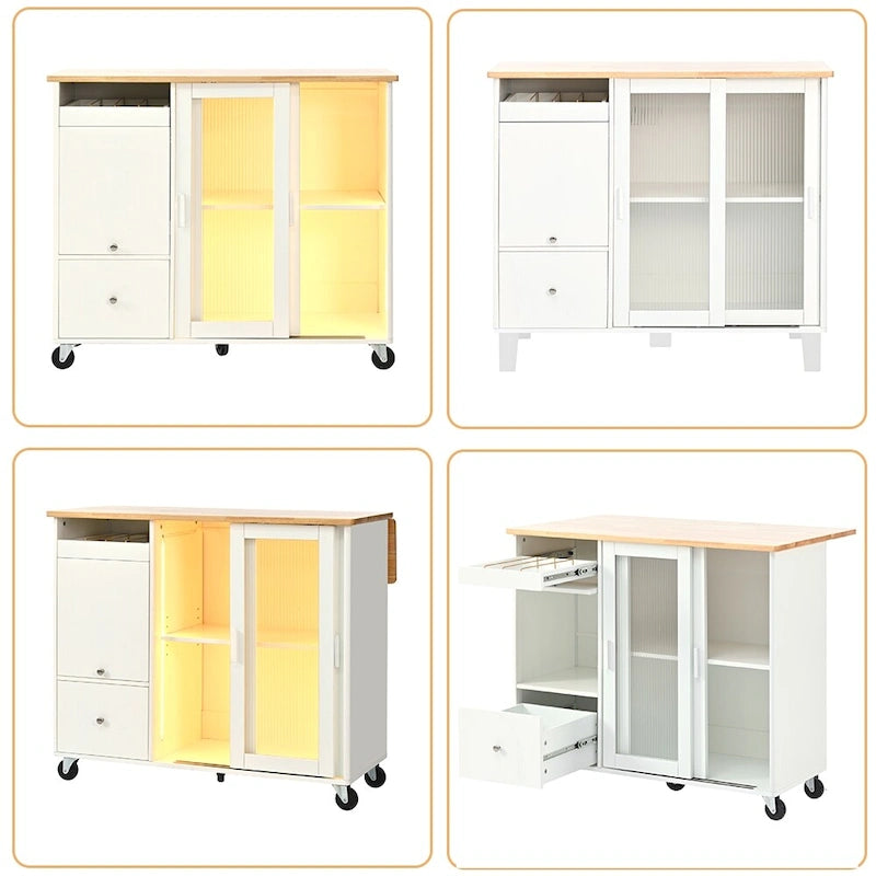 Kitchen Island Cart w/Drop Leaf, LED Light & Changeable Wheels or Feet