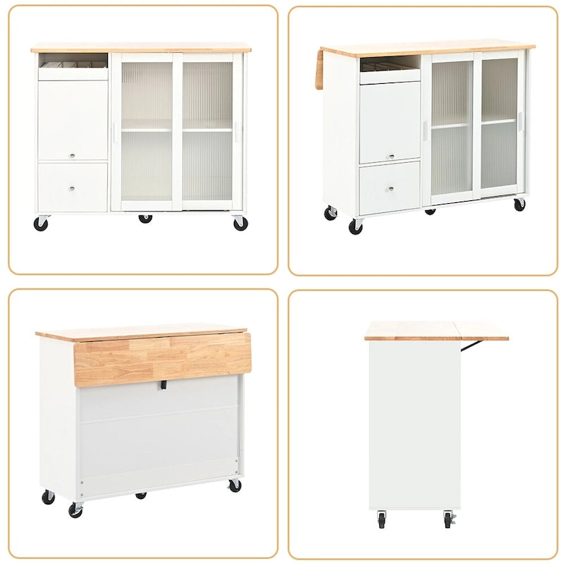 Kitchen Island Cart w/Drop Leaf, LED Light & Changeable Wheels or Feet