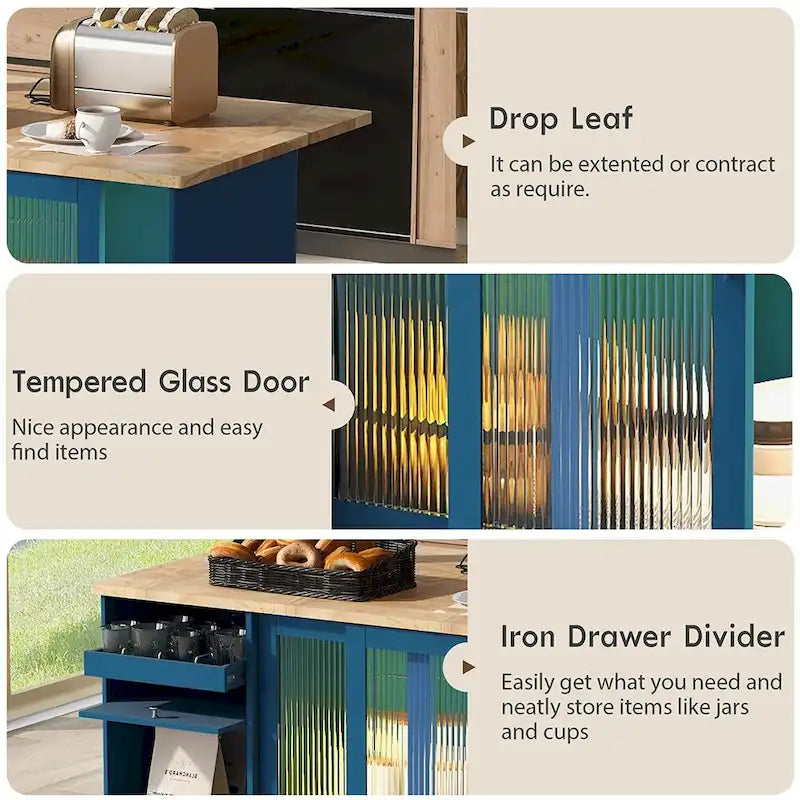 Kitchen Island Cart w/Drop Leaf, LED Light & Changeable Wheels or Feet