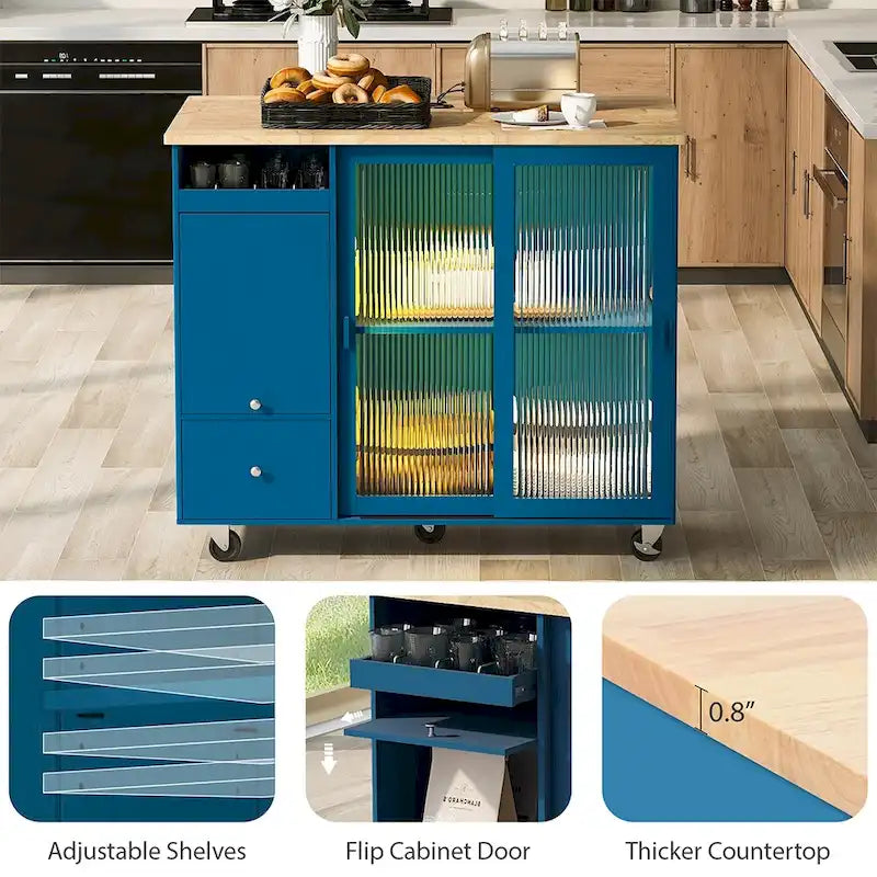 Kitchen Island Cart w/Drop Leaf, LED Light & Changeable Wheels or Feet