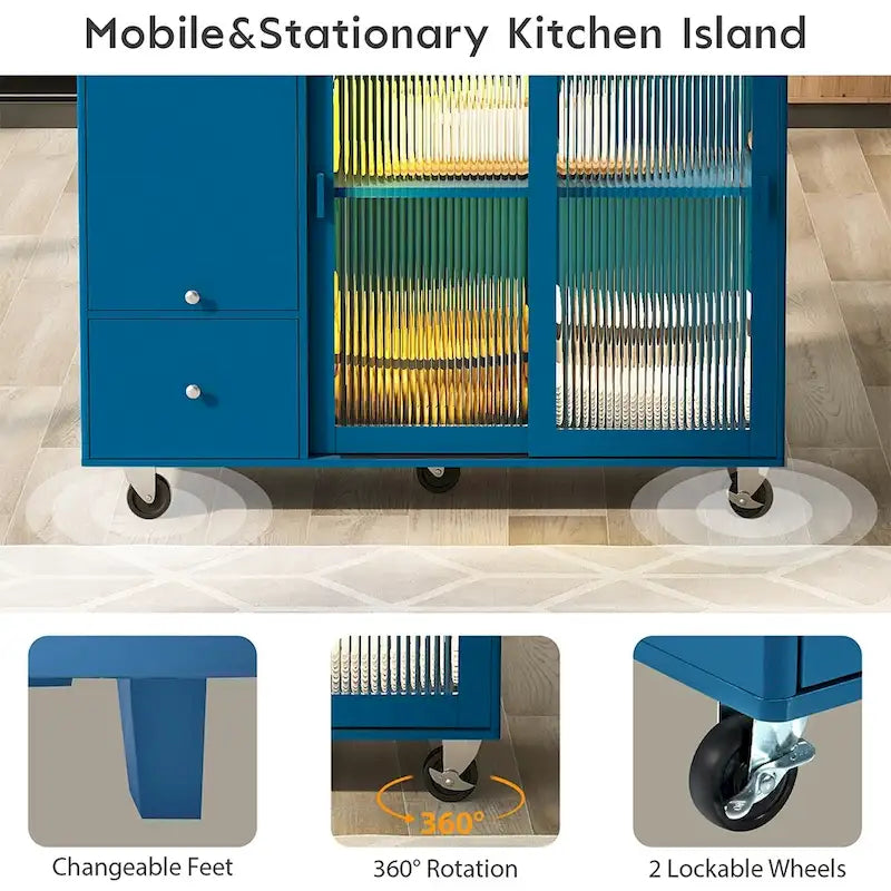 Kitchen Island Cart w/Drop Leaf, LED Light & Changeable Wheels or Feet
