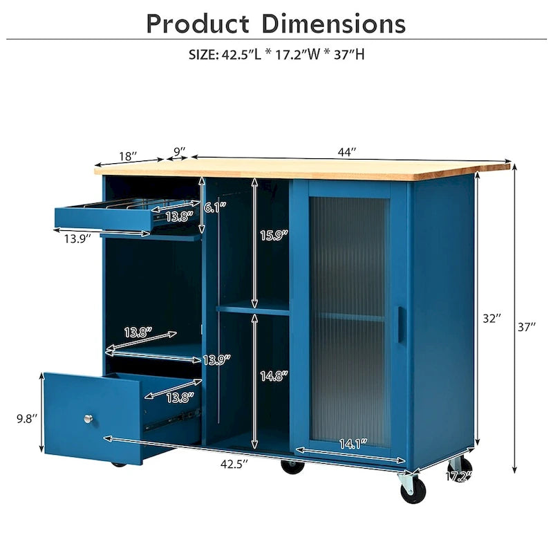 Kitchen Island Cart w/Drop Leaf, LED Light & Changeable Wheels or Feet