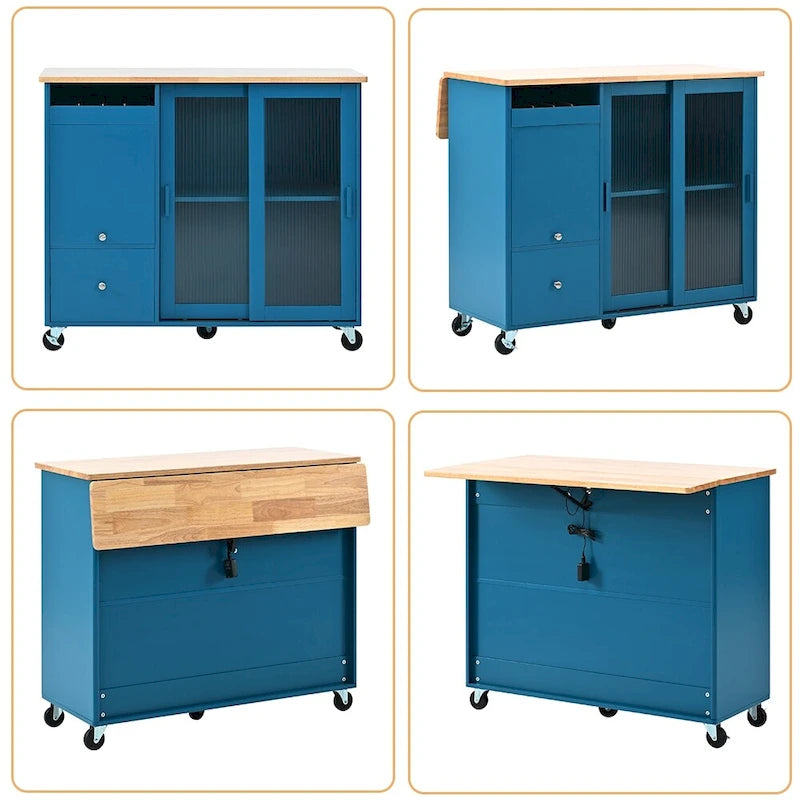 Kitchen Island Cart w/Drop Leaf, LED Light & Changeable Wheels or Feet
