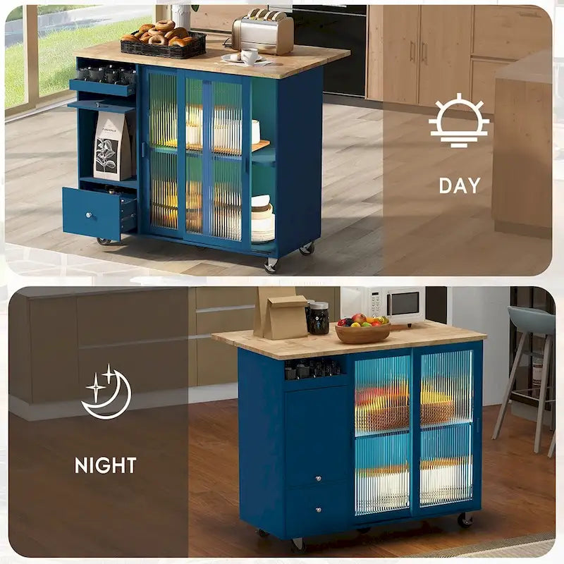 Kitchen Island Cart w/Drop Leaf, LED Light & Changeable Wheels or Feet