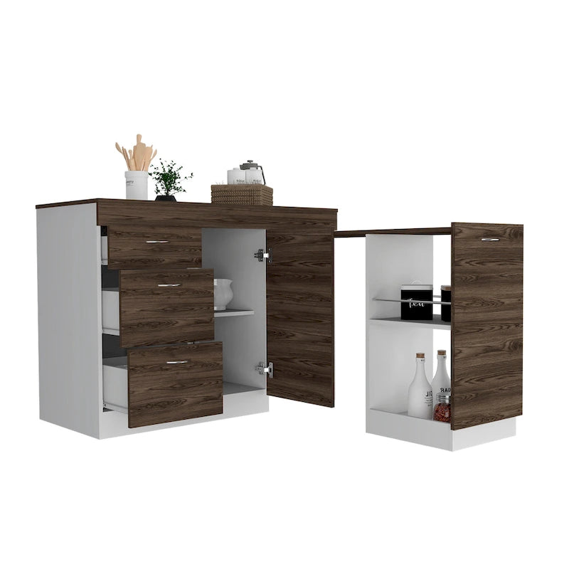 Kitchen Island for Kitchen, Dining Room, White / Dark Walnut