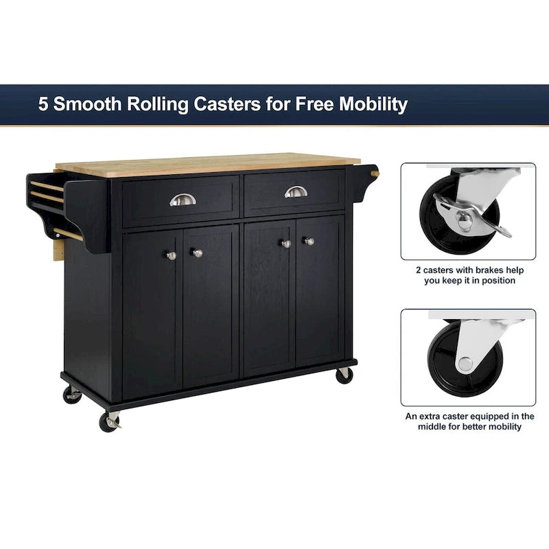 Cambridge Natural Wood Top Kitchen Island with Storage, Easy-Glide Drawers and Heavy-Duty Casters