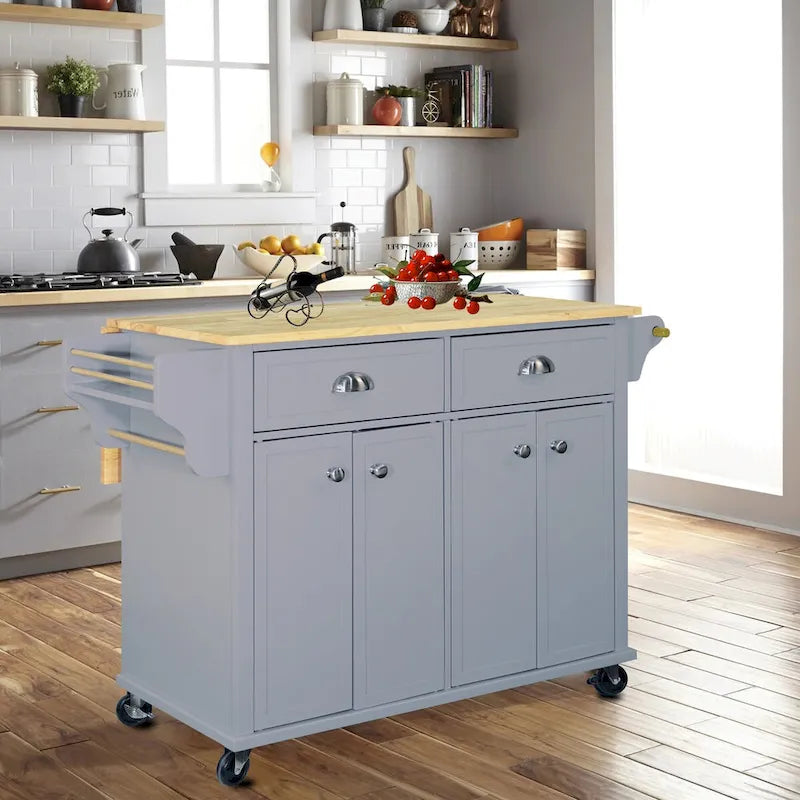 Cambridge Natural Wood Top Kitchen Island with Storage, Easy-Glide Drawers and Heavy-Duty Casters
