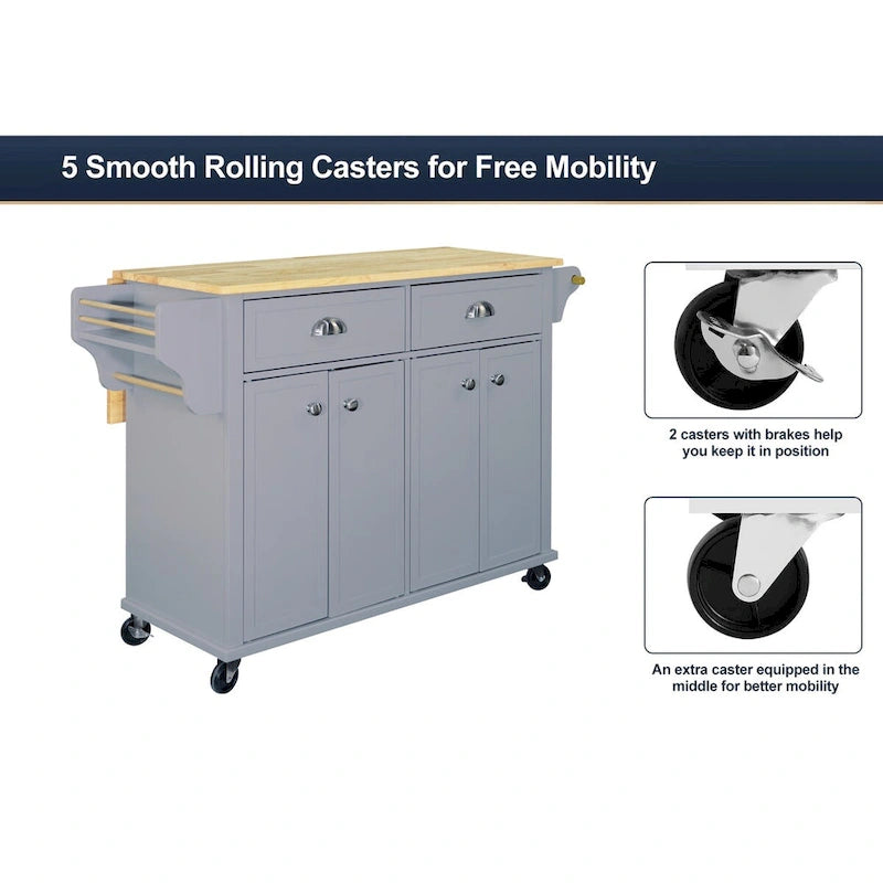 Cambridge Natural Wood Top Kitchen Island with Storage, Easy-Glide Drawers and Heavy-Duty Casters