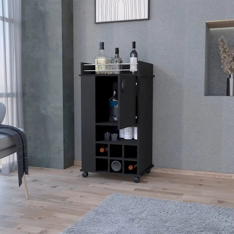 Allandale 1-Door Bar Cart with Wine Rack and Casters Black