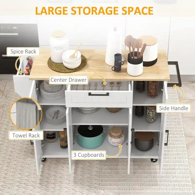 52Kitchen Island Rolling Kitchen Cart with Rubberwood Top,Spice Rack,Towel Rack,Drawer