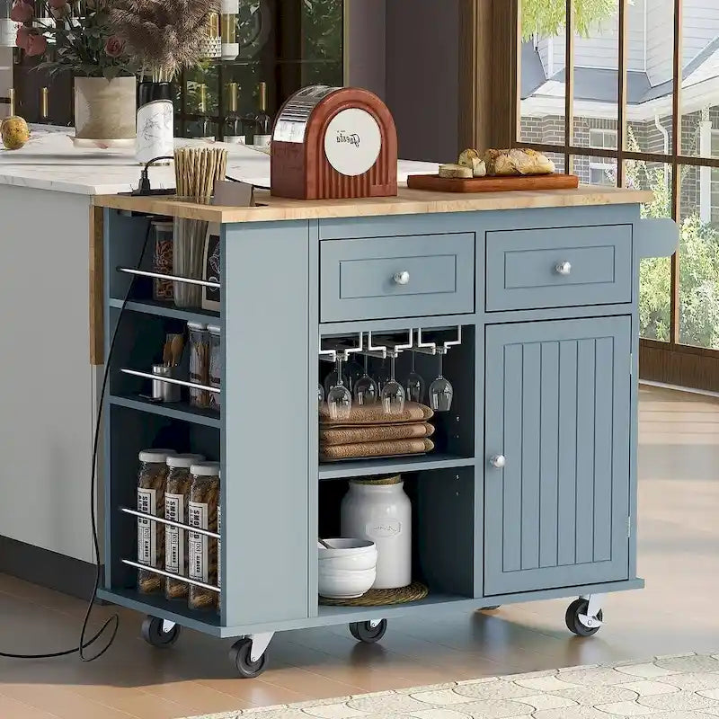 47 Modern Kitchen Cart with Electrical Outlet, Rubberwood Kitchen Island with Drop Leaf and Adjustable Storage Cabinet