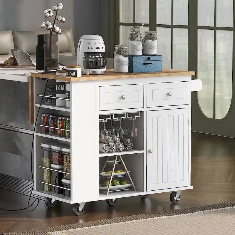 47 Modern Kitchen Cart with Electrical Outlet, Rubberwood Kitchen Island with Drop Leaf and Adjustable Storage Cabinet