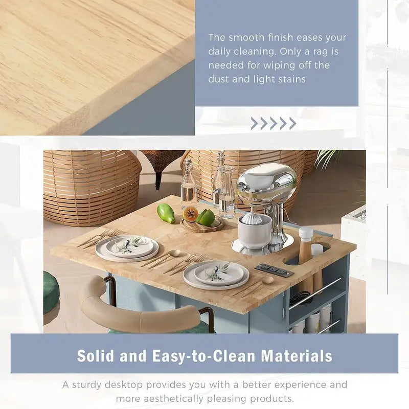 47 Modern Kitchen Cart with Electrical Outlet, Rubberwood Kitchen Island with Drop Leaf and Adjustable Storage Cabinet