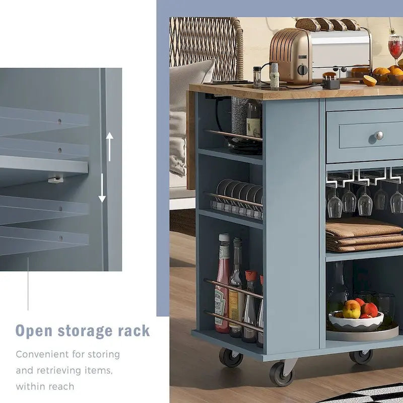 47 Modern Kitchen Cart with Electrical Outlet, Rubberwood Kitchen Island with Drop Leaf and Adjustable Storage Cabinet
